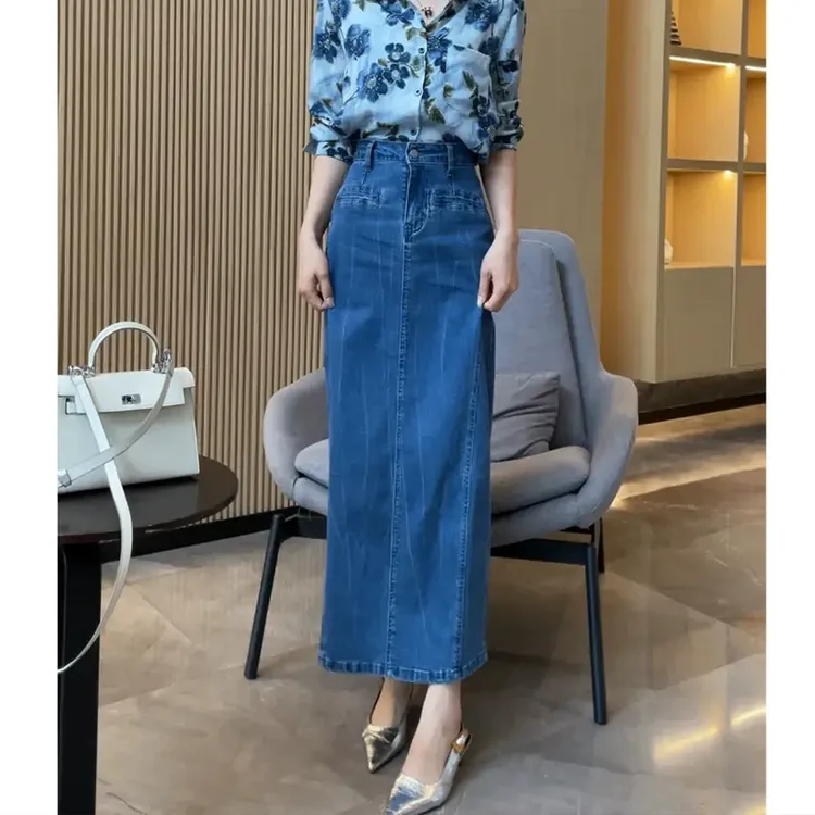 春夏季新款时尚复古开叉牛仔半身裙女高腰设计感小众直筒裙子2025