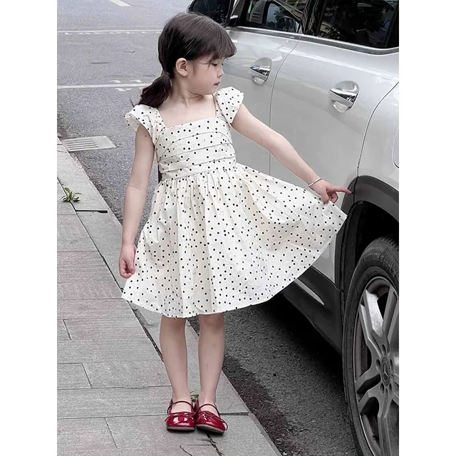 连衣裙2025新款小女孩甜美洋气飞袖露背波点裙子