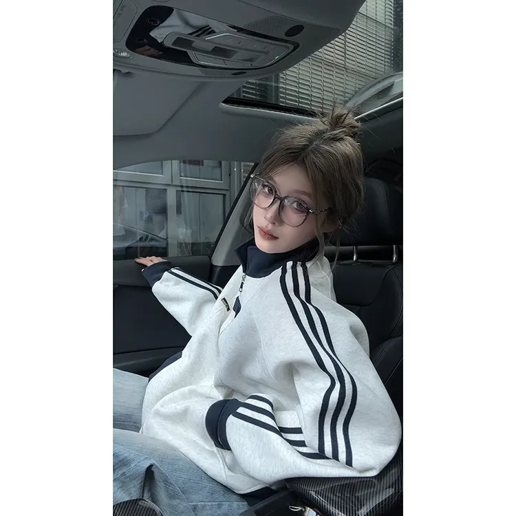 美式学院风卫衣外套男女秋季撞色拼接潮流百搭青少年条纹立领夹克