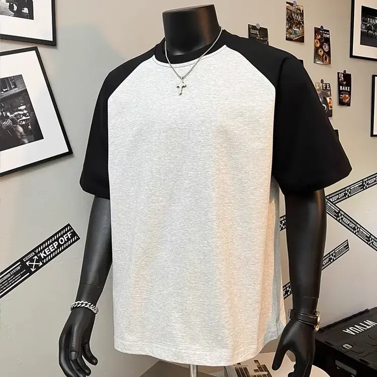 cleanfit双色拼接纯棉短袖男夏季美式boxy硬挺正肩情侣款半袖T恤