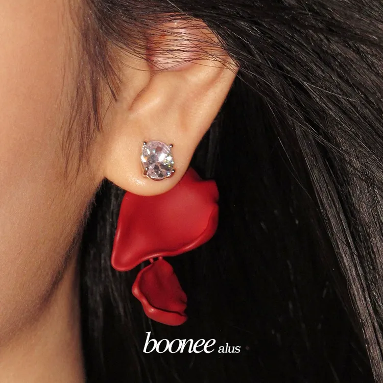 boonee alus 铜合金合成锆石耳饰 红玫瑰花瓣耳环秋冬新款