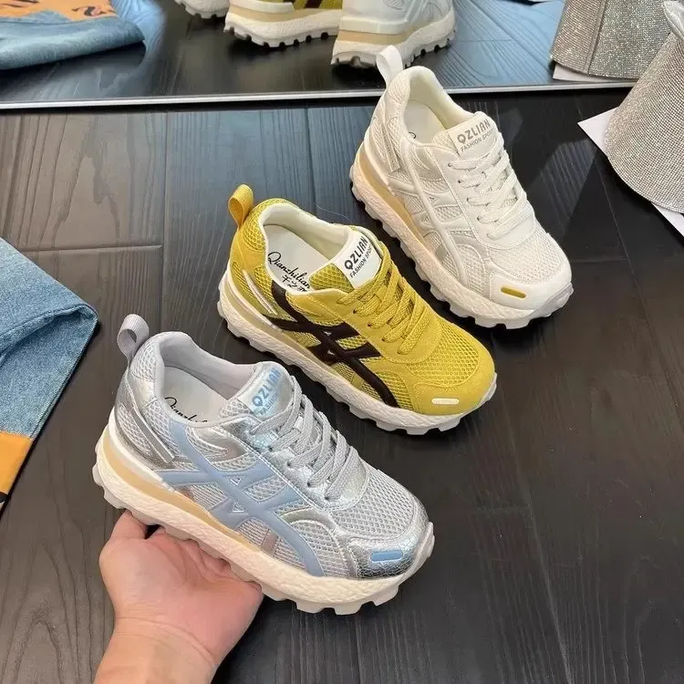 7CM内增高真皮休闲鞋女鞋2025夏新款网面透气百搭运动时尚阿甘鞋