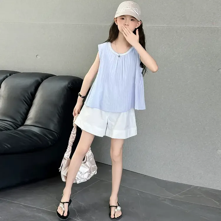 女童夏装2025新款洋气时髦套装女大童韩版宽松无袖上衣短裤两件套