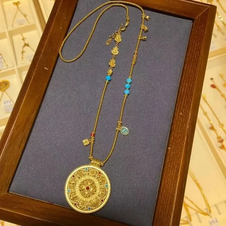 铜合金项链 古法烧蓝花丝八宝罗盘项链配饰女复古轻奢手工编制