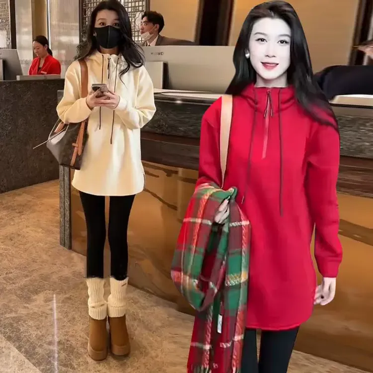 2025早春新款加绒加厚连帽中长款卫衣女装时尚遮肉宽松休闲上衣