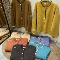 森系百搭重工撞色绣线牛角扣宽松毛衣开衫