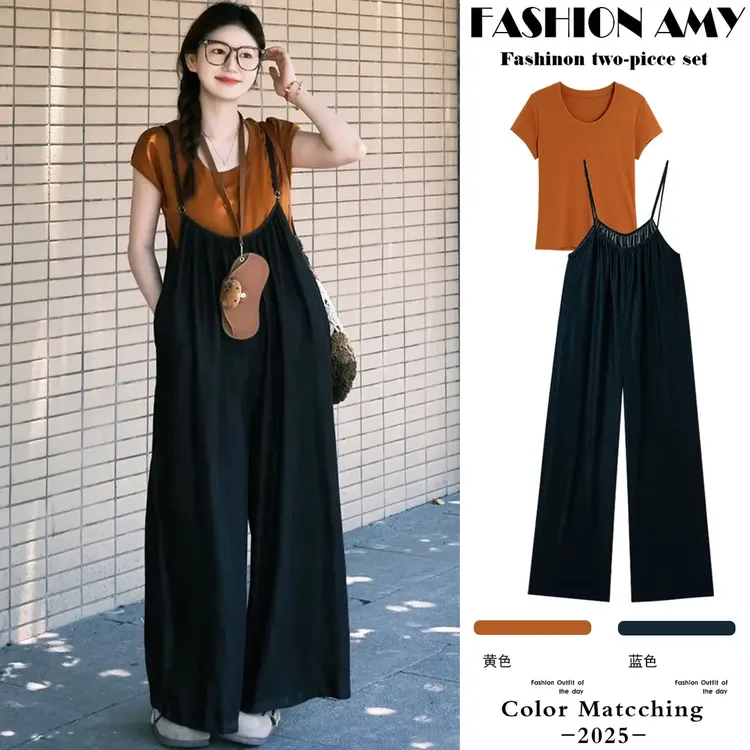 孕妇背带裤套装夏装新款洋气时尚显瘦T恤上衣宽松休闲阔腿连体裤1