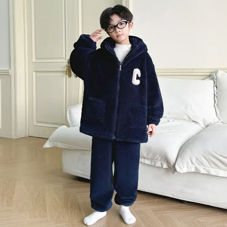 男童睡衣秋冬新款珊瑚绒中大童加厚保暖开衫家居服儿童法兰绒套装