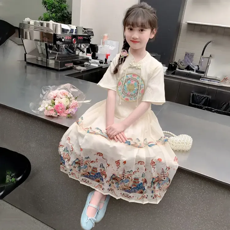D马面裙女童夏款2024新款新中式国风T恤衫复古风画裙子洋气