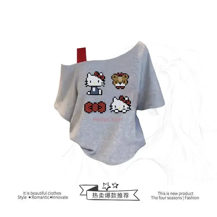 韩版高级感灰色时尚百搭卡通kt猫印花短袖t恤女2025新款夏季上衣