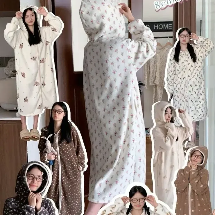 冬季雪粒绒连帽睡袍女加厚保暖家居服可外穿慵懒风毛绒拉链睡衣