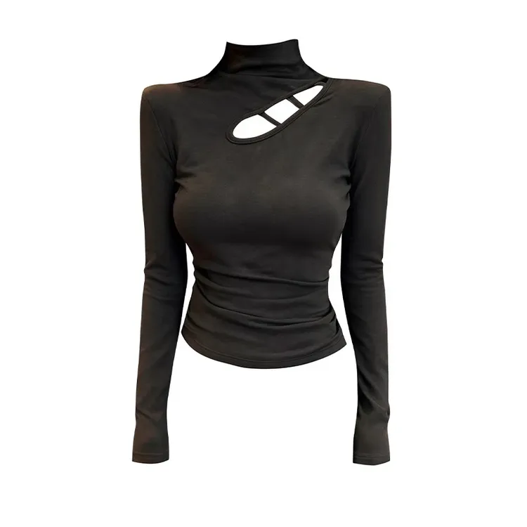 时尚韩版设计感镂空修身显瘦半高领长袖T恤秋冬新款打底衫女上衣