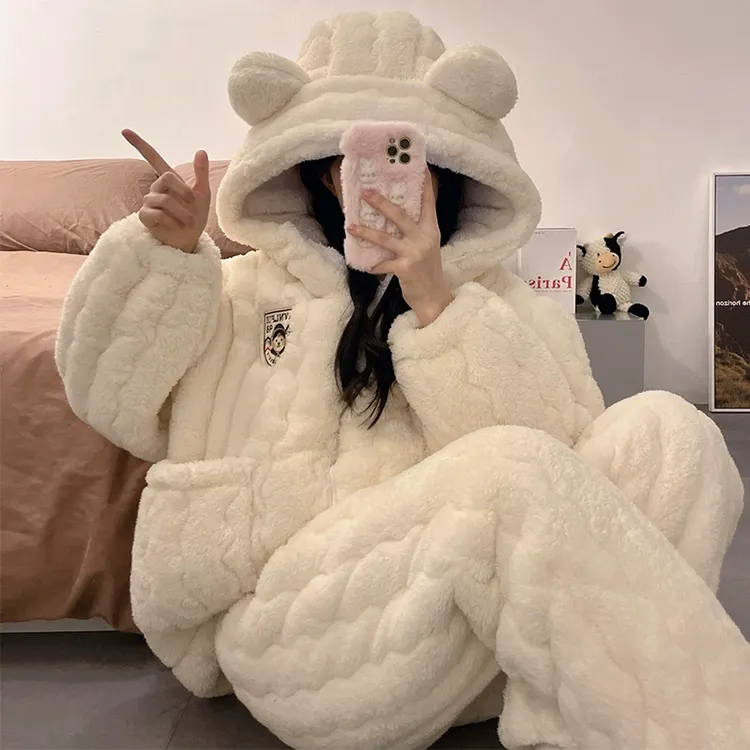 奥美诗嘉睡衣女三层夹棉秋冬季2025新款珊瑚绒加厚加绒家居服套装