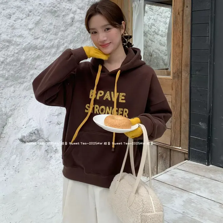 美式复古字母印花连帽卫衣女秋冬加绒加厚宽松慵懒风休闲百搭上衣