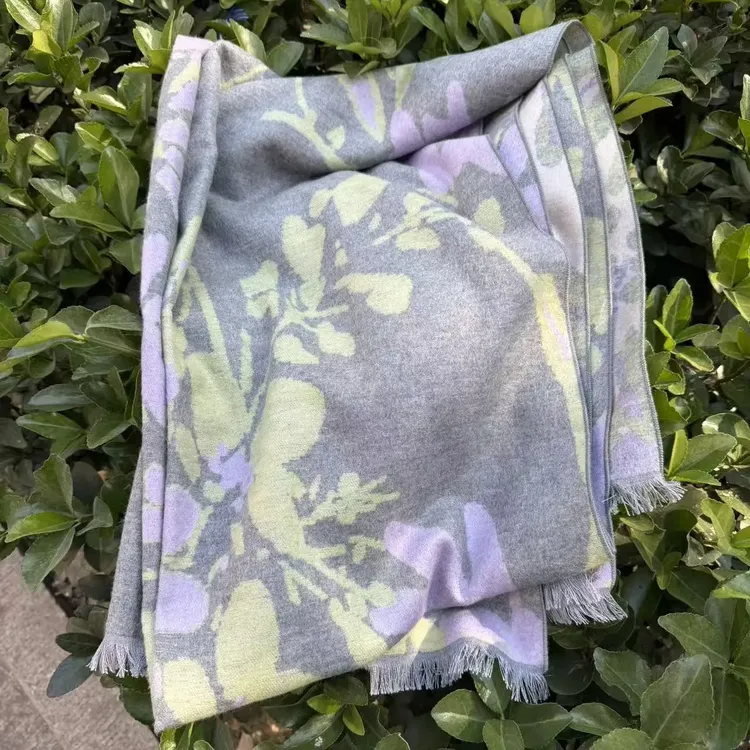 真丝拉绒围巾 100%桑蚕丝复古花卉印花 高级香芋灰紫 冬天大披肩