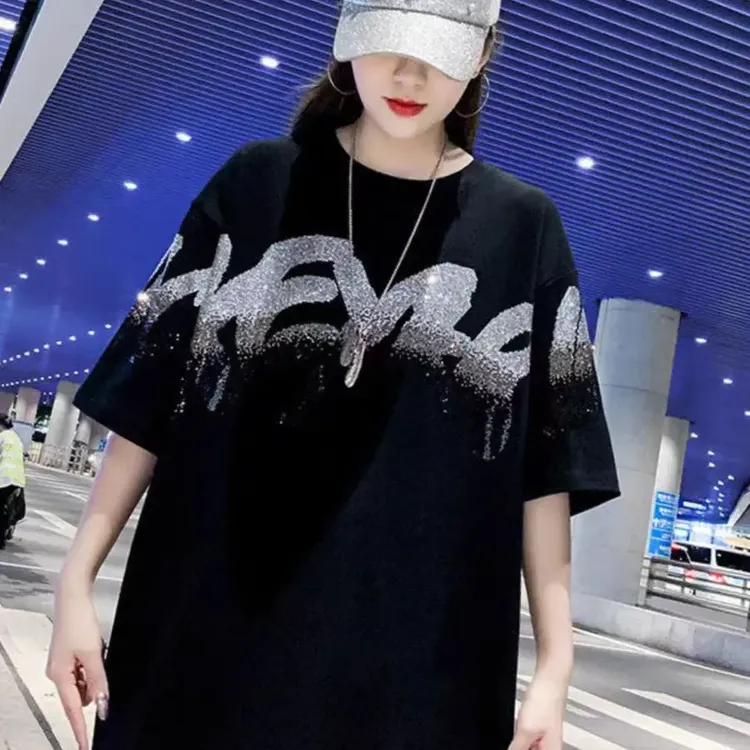 【Dmm】高品质欧货烫钻中长款大码潮T中长款T恤半袖大码短袖88238