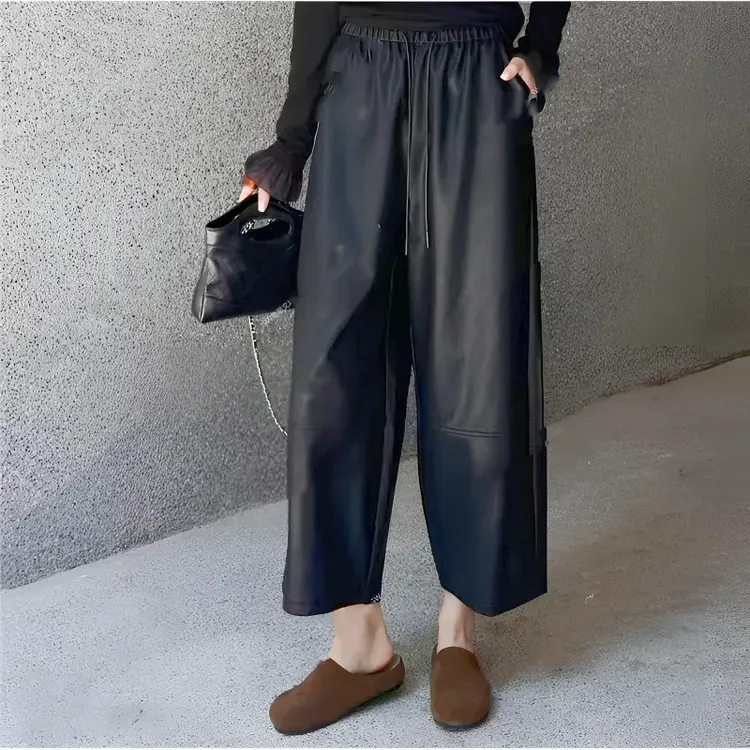 休闲原版  秋季时尚洋气宽松百搭九分休闲皮裤250821Y6