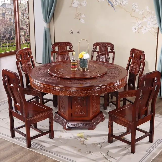 全实木餐桌椅组合仿古雕花饭桌带转盘圆形餐桌酒店中式大圆桌家用