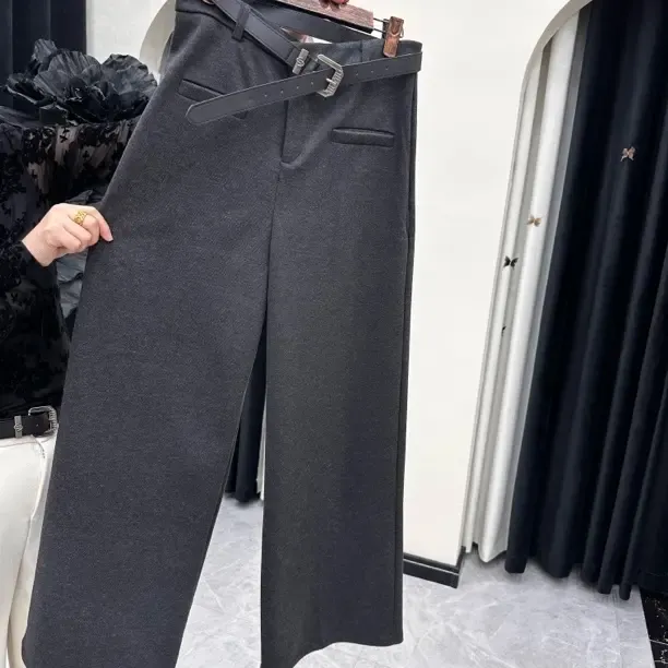 秋冬高腰显瘦宽松垂感休闲百搭加绒毛呢女士直筒阔腿裤