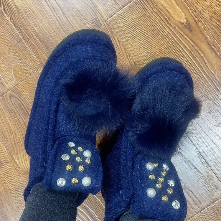 串珠厚款舒适保暖增高蓝色冬季高帮鞋流苏时尚毛绒