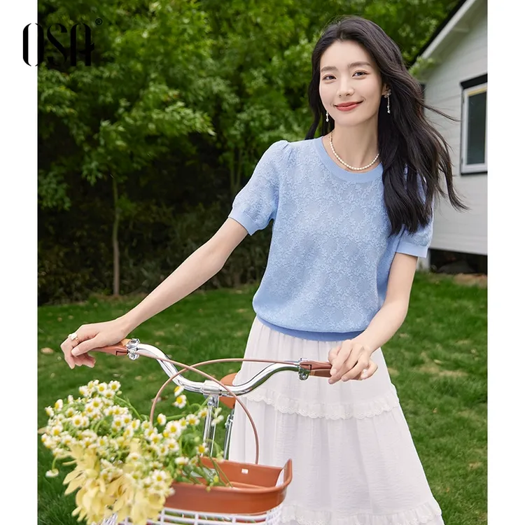 OSA复古重工菱格针织衫女夏季新款薄款冰丝套头衫上衣S125B16030