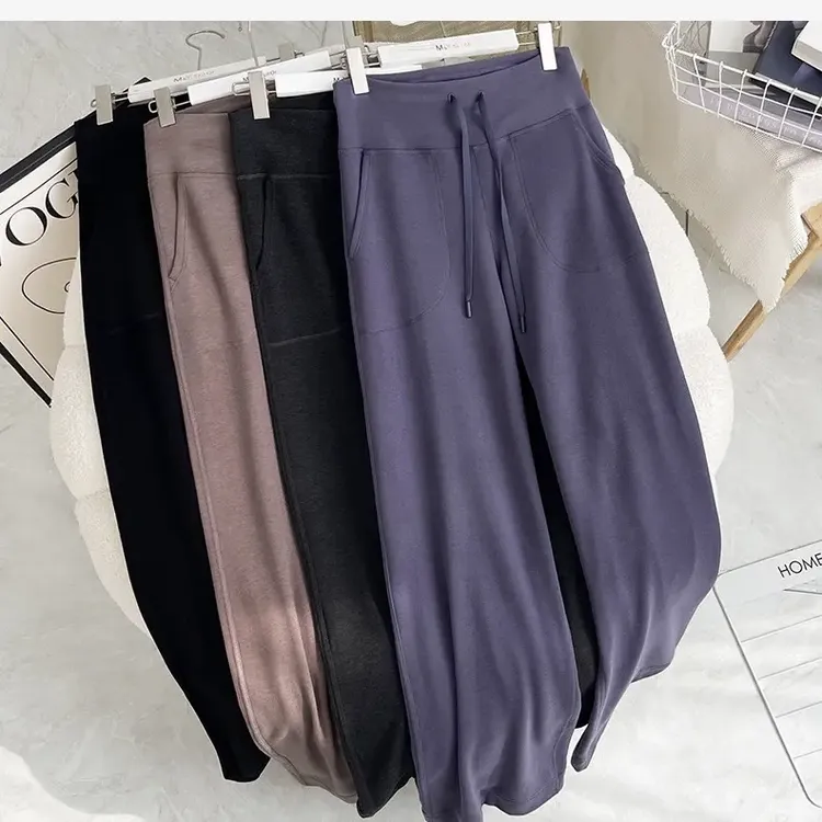 帕梅拉糯米绒高腰显瘦抽绳直筒保暖外穿长裤秋冬百搭阔腿裤
