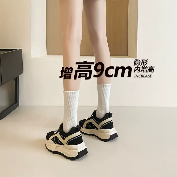 真皮内增高9cm德训鞋女超火网红黑色小个子厚底老爹鞋休闲运动鞋