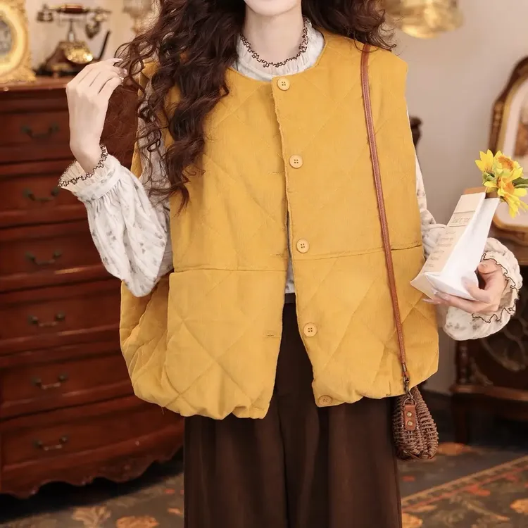 港风复古圆领单排扣夹棉马甲女秋冬新款无袖宽松显瘦外搭开衫上衣