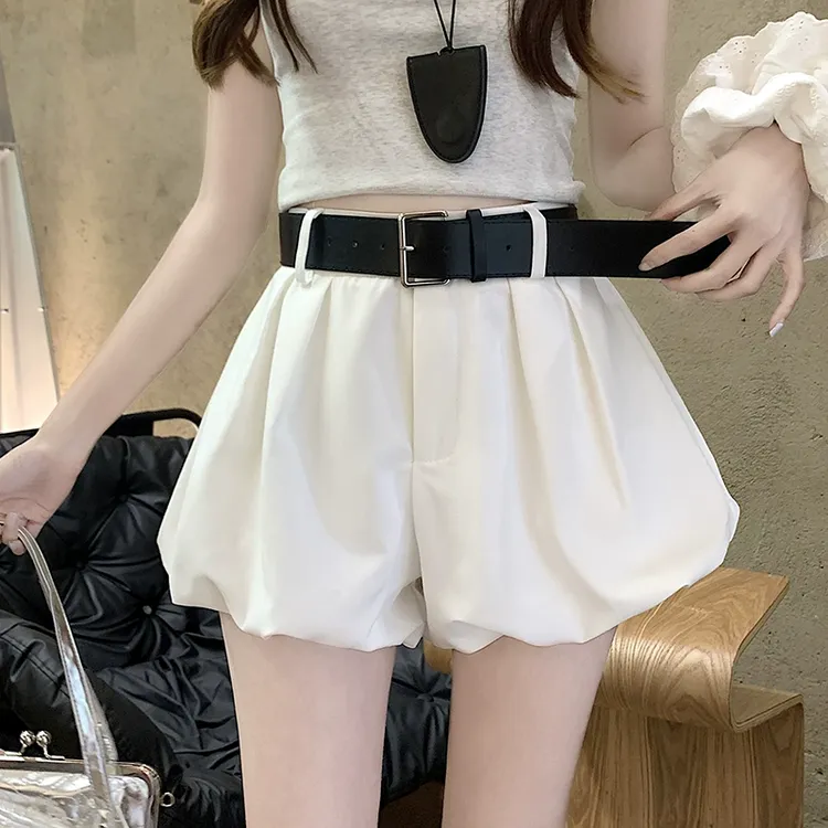 白色花苞短裤裙女夏季高腰小个子显瘦休闲a字辣妹外穿蓬蓬灯笼裤