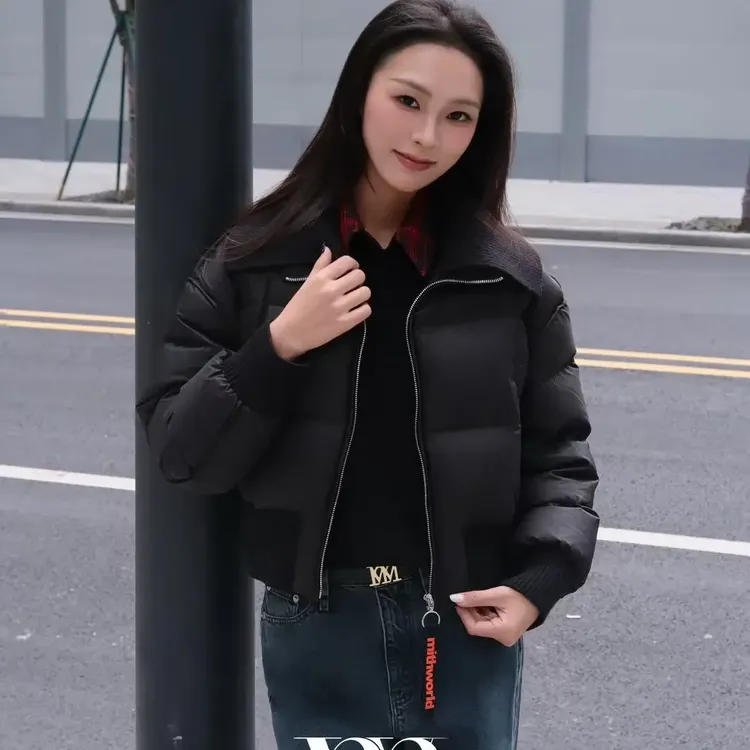 大翻领双开头拉链拼接面包服短款休闲保暖时尚冬季