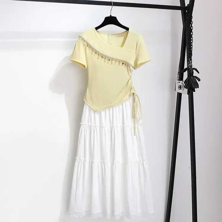 拉夏贝尔蓝色斜领短袖白色蕾丝花边半身裙子两件套女2025夏装新款