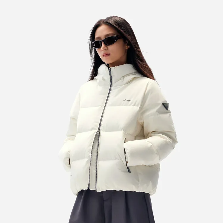 李宁火锅羽绒女子防泼水防风休闲时尚鸭绒连帽短羽绒服AYMV398