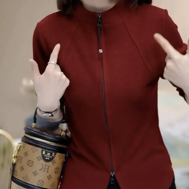气质拉链开衫外套女纯色2025春季新款显瘦遮肚子上衣打底衫女装