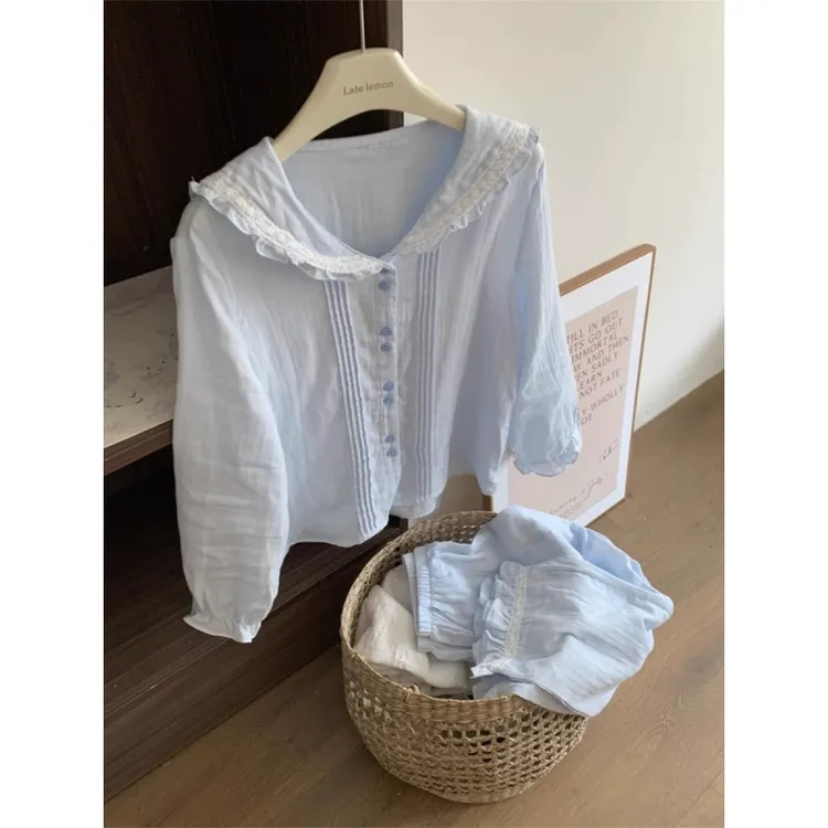 【甜美baby蓝】少女双层纱花边长袖睡衣女秋季2025新款家居服套装