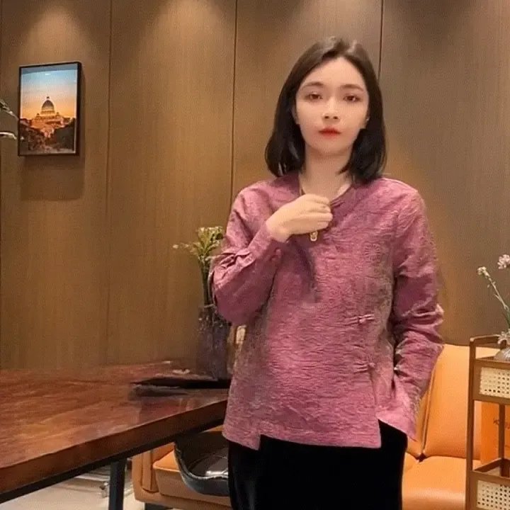 秋季新款新中式国风长袖圆领纯色短款百搭休闲显瘦气质女上衣