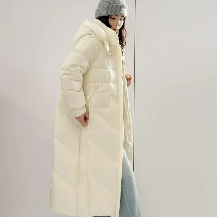 90白鸭绒羽绒服女士连帽纯色保暖ins冬季中长款网红泡芙排骨外套