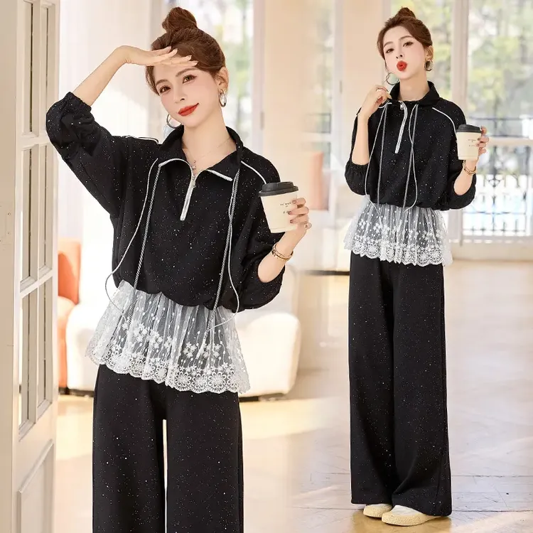 2025春装爆款休闲时尚蕾丝拼接亮片套装女设计感气质阔腿裤两件套