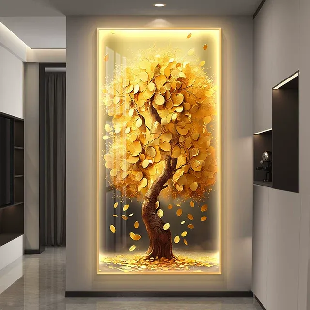 发财树挂画带灯装饰画LED灯画2025新款插电入户玄关走廊过道壁画