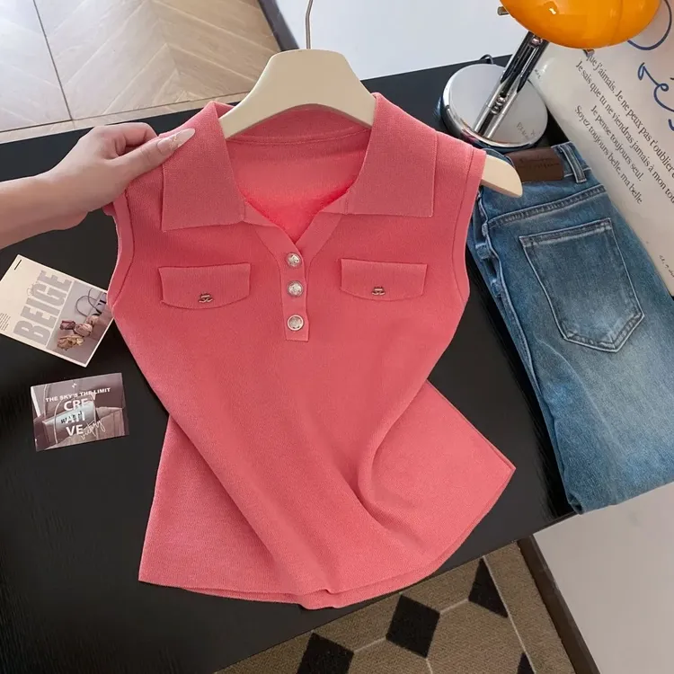 无袖翻领polo领针织衫背心2025新款夏季时尚修身小香风无袖上衣女