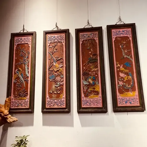 手工雕刻梅兰竹菊装饰画客厅餐厅办公室挂画春夏秋冬古风四条屏