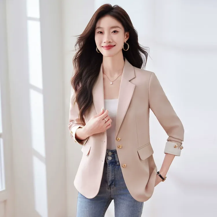 洋气粉色小西装外套女2024春秋新款感小个子修身时尚休闲西服上衣