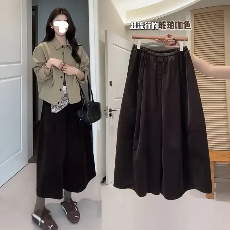 网红复古气质设计感花苞裤女秋冬阔腿宽松咖色八分裤显瘦休闲裤子