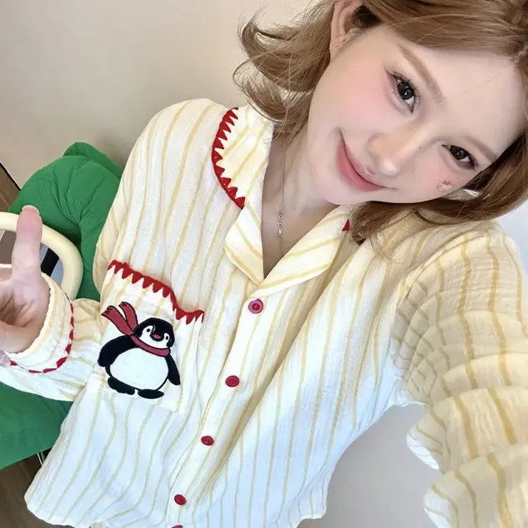 可爱卡通围巾刺绣企鹅条纹睡衣薄款女春秋季纯棉长袖可外穿家居服