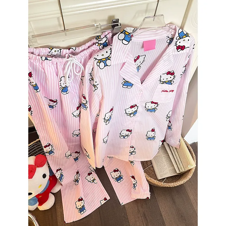 【条纹kitty】可爱hellokitty睡衣女春秋2025新款少女甜美家居服