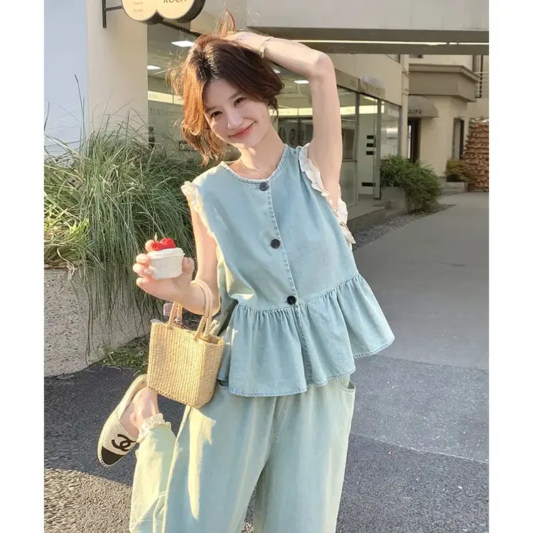 可盐可甜小个子牛仔马甲套装女2025夏季新款无袖上衣阔腿裤两件套