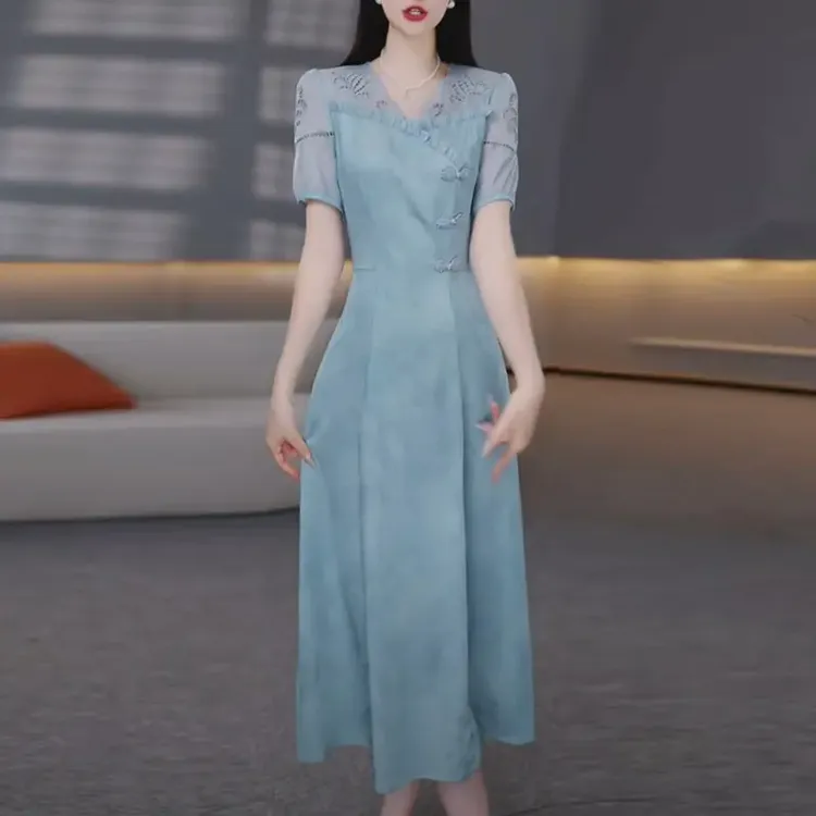 云锦缎中国风服饰2025夏季新款蓝色短袖复古洋气质中长款连衣裙子