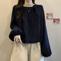大码女装遮肚子独特漂亮系带衬衫女春秋胖MM宽松显瘦正肩长袖上衣