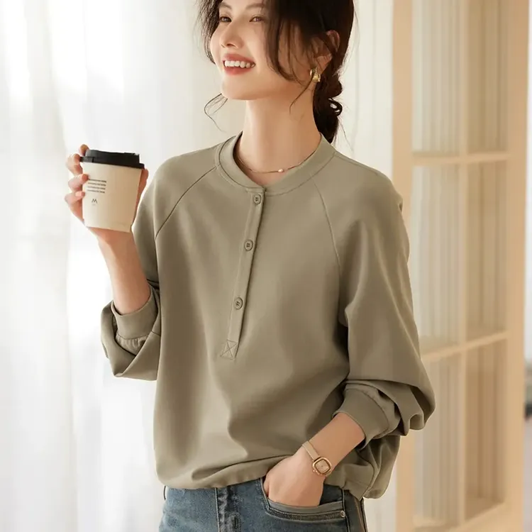 春季新款棉质半开圆领长袖卫衣女通勤简约休闲百搭收腰设计感上衣