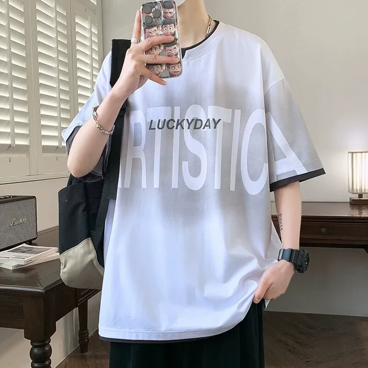 夏季新款青少年短袖t恤男生港风潮流印花假两件上衣宽松休闲体恤