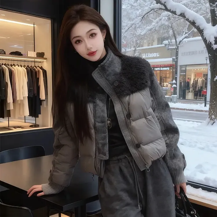 MISU/糜素冬季灰色立领拼接棉服外套2025年新款棉衣宽松保暖棉袄